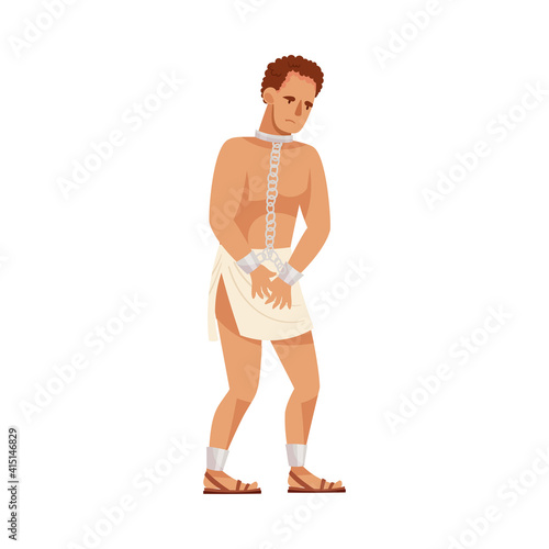 Ancient Greek Man Slave with Metal Fetters on His Arms and Legs Vector Illustration