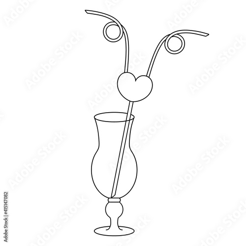 Hurricane cocktail glass. Heart shaped double straw decoration. Sketch. A romantic device for a couple of lovers. Vector illustration. Coloring book for children. Valentines Day. A plastic straw.