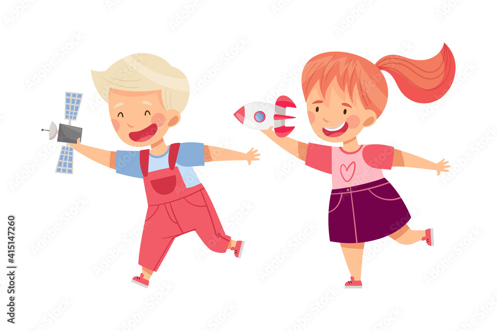 Cute Boy and Girl Playing with Toy Spacecraft Vector Illustration Cute Boy and Girl Playing with Toy Spacecraft Vector Illustration
