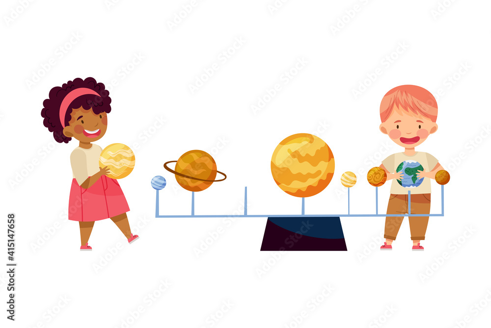 Curious Little Boy and Girl Studying Space and Galaxy Examining Solar Planets Vector Illustration Curious Little Boy and Girl Studying Space and Galaxy Examining Solar Planets Vector Illustration