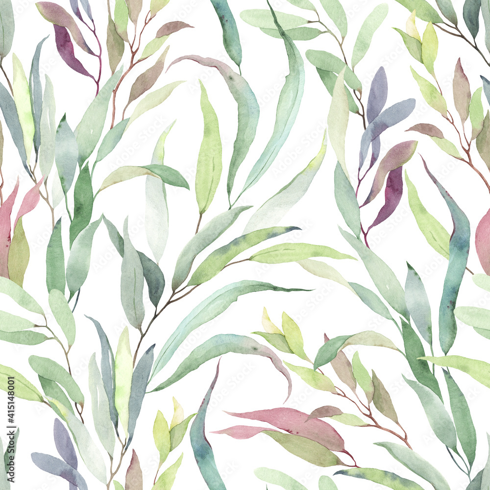 Watercolor pattern with leaves on a white background