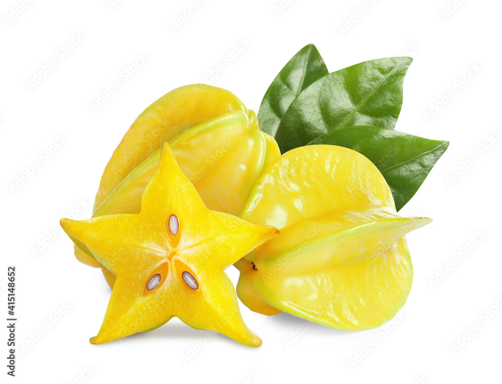 Fototapeta premium Delicious ripe carambola fruits on white background