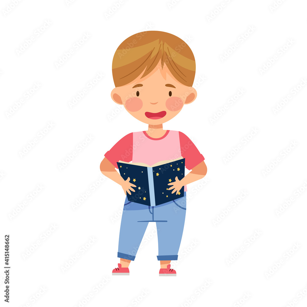 Curious Little Boy Studying Space and Galaxy Reading Book about Solar Planets Vector Illustration Curious Little Boy Studying Space and Galaxy Reading Book about Solar Planets Vector Illustration
