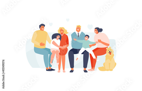 Happy family sitting together on the couch. Children and parents vector illustration