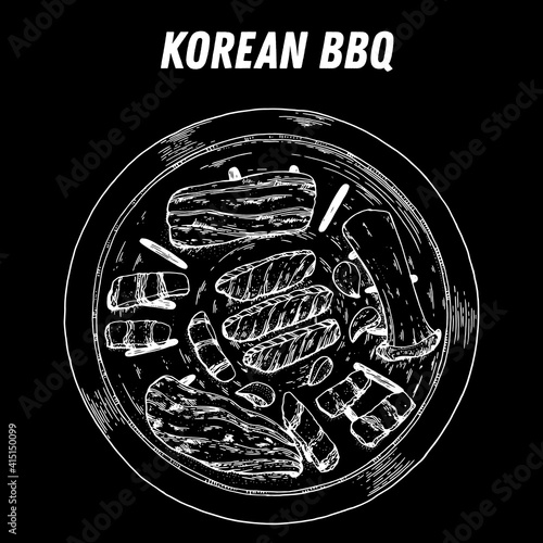 Korean BBQ sketch, korean food. Hand drawn vector illustration. Sketch style. Top view. Vintage vector illustration.