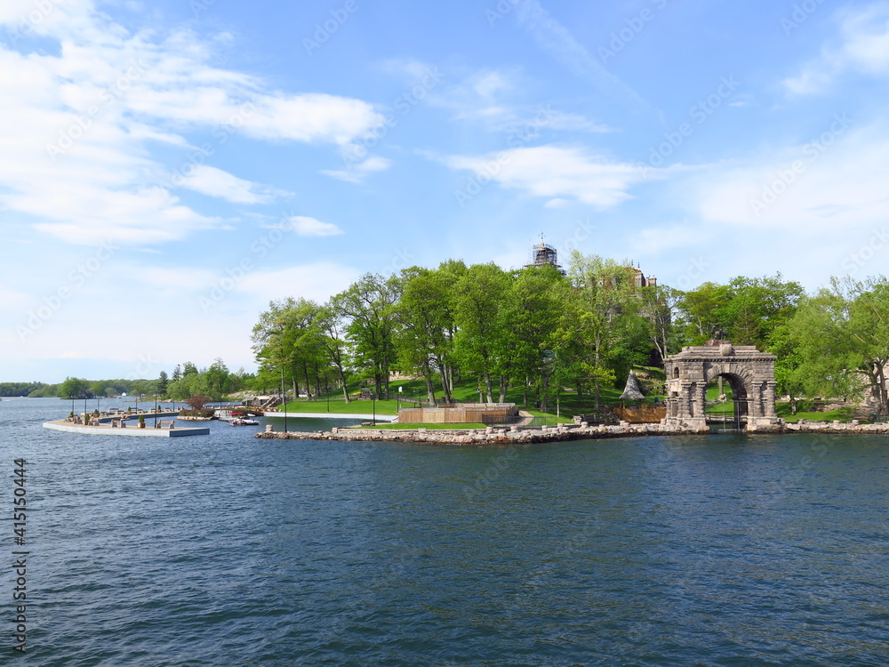 the view of the Boldt Castle on Heart Island in the Alexandria Bay on the Thousand Islands boat tour, New York, USA, May