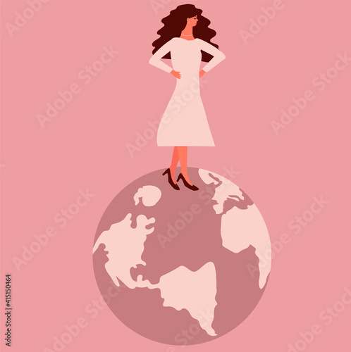 Feminist modern European or American woman sits on the world globe and looks confident. Activist female around the world. Woman's empowerment movement, green planet or save the earth day concept. 