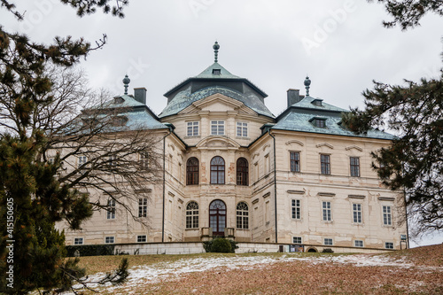 Representative castle Charles's Crown or Karlova Koruna, Baroque chateaus with beautiful gardens, historical palace in winter day, Chlumec nad Cidlinou, Czech Republic