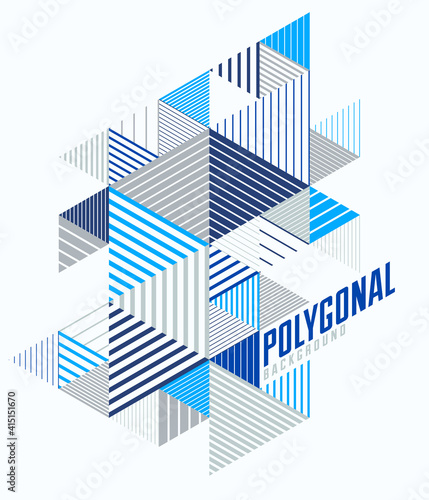 Line design 3D cubes and triangles abstract background  polygonal low poly isometric retro style template. Stripy graphic element isolated. Template for poster or banner  cover or ad.