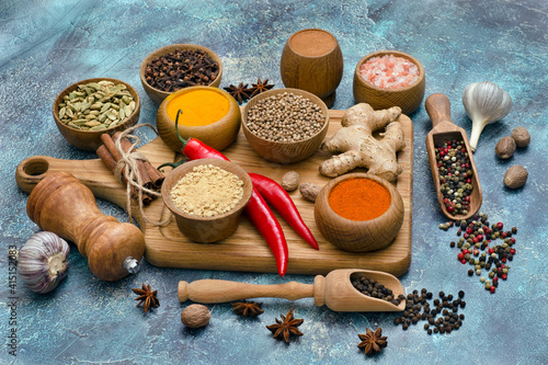 Aromatic Indian spices and kitchen utensils
