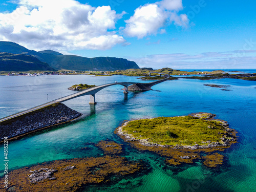 Aerial of Fredvang Bro bridge, Ramberg, Lofoten, Nordland