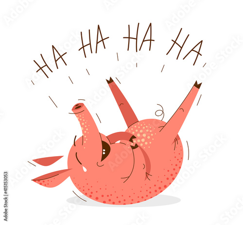 Funny cartoon pig laying on ground and laughing LOL vector illustration, ha ha ha, animal character swine drawing.
