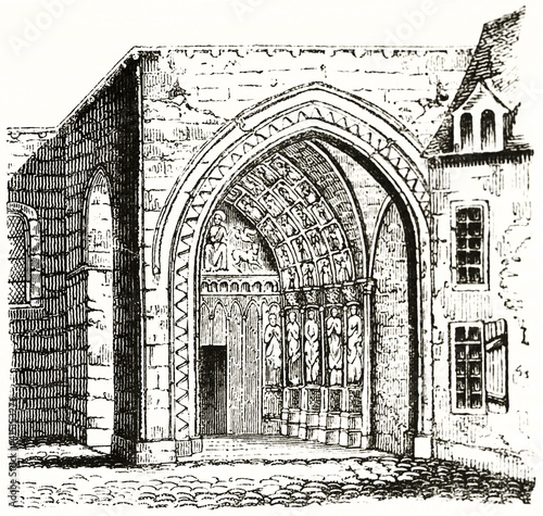 Le mans cathedral side pointed arched portal and partial stone building, France. Ancient grey tone etching style art by unidentified author, Magasin Pittoresque, 1838 photo