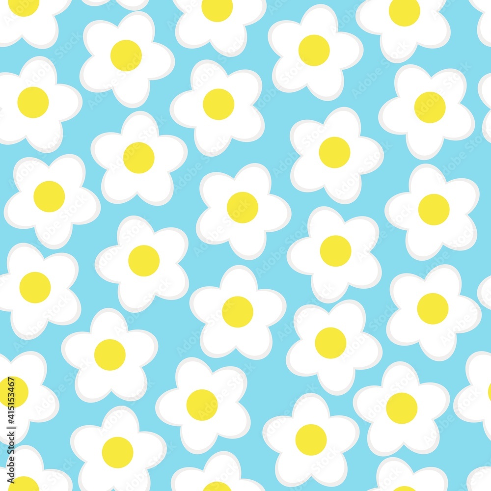 Simple flowers seamless. Summer pattern on blue background.