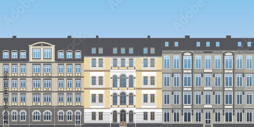 row of urban historical ancient town house facades colored illustration