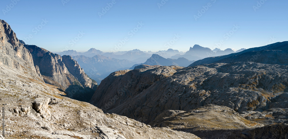 View towards north to Civetta and Val delle Comelle. The alpine plateau Altiplano delle Pale di San Martino in the Pala group (UNESCO World Heritage Site) in the dolomites of the Trentino.