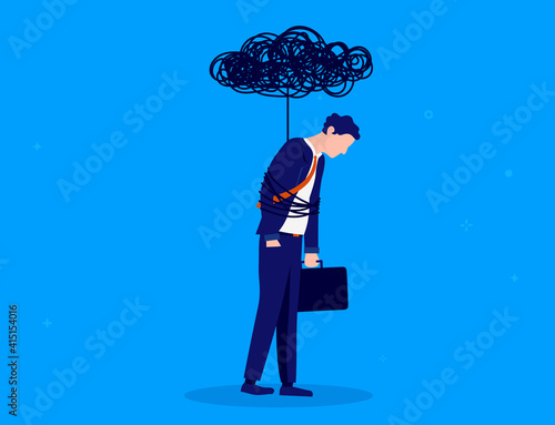 Overworked man - Businessman tied up with black cloud. Brain fog and depression concept. Vector illustration.