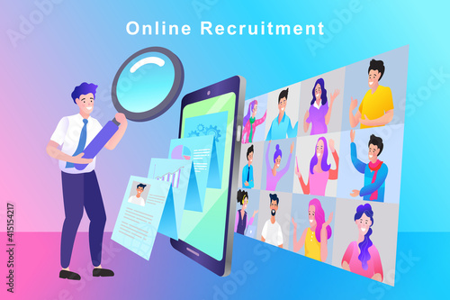 Hiring search office work vacancy, Fine team staff select best personnel professional. Human Resources. HR with magnifier looking for creative worker in crowd.