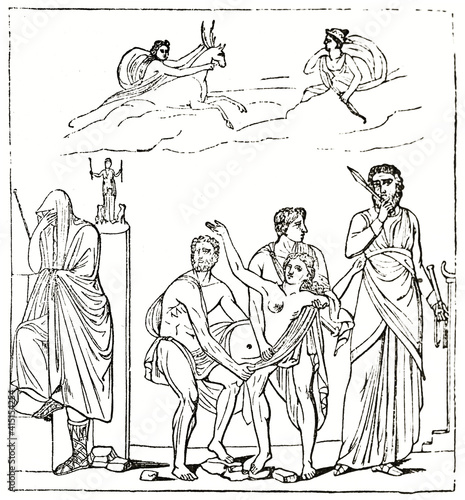 painting reproduction found in The House of the Tragic Poet, Pompeii, Italy. Iphigenia's sacrifice. Ancient black and white etching style art by unidentified author, Magasin Pittoresque, 1838