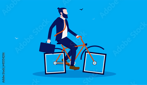 Slow business - Stupid businessman riding bike with rectangular wheels. Inefficient business and humor concept. Vector illustration.