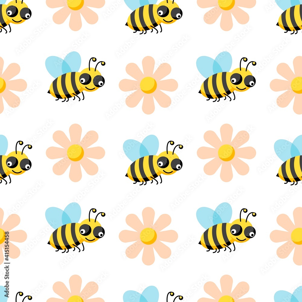 Bee seamless pattern with flowers, honeycomb isolated on white background. Vector flat illustration. Design for wallpaper, wrapping, backdrop, textile, fabric Bee seamless pattern with flowers, honeycomb isolated on white background. Vector flat illustration. Design for wallpaper, wrapping, backdrop, textile, fabric