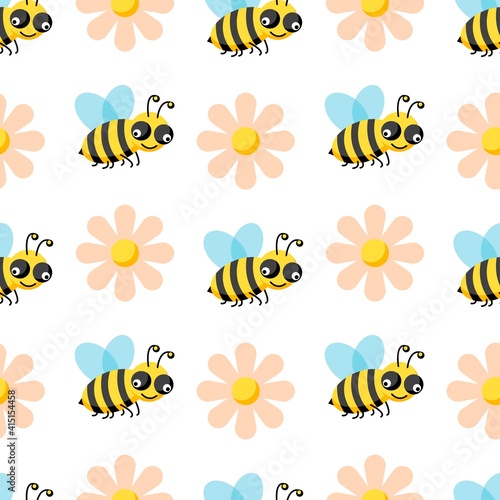 Bee seamless pattern with flowers, honeycomb isolated on white background. Vector flat illustration. Design for wallpaper, wrapping, backdrop, textile, fabric © Nataliia