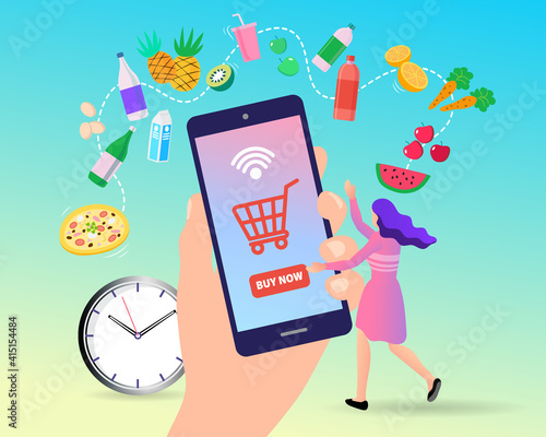 A convenient mobile app for fast food and grocery delivery. A woman orders a variety of items, from fresh fruit to pizza, saving time with an on-demand online service.