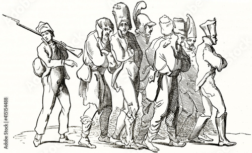 French conscript leads seven prisoners to punishment. Ancient black and white minimal etching style art by Denon, isolated elements published on Magasin Pittoresque, 1838