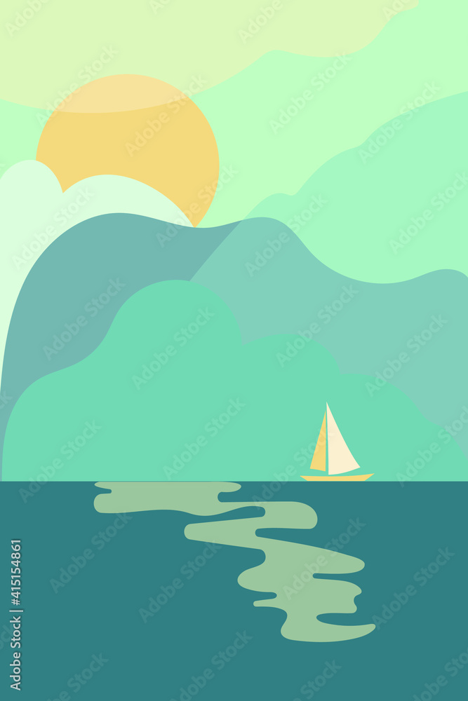 Naklejka premium Nature pattern. Abstract seascape, style of minimalism , hand drawn. Use for packaging, wallpaper, design for textiles, postcard, concept, clipart, vector illustration.