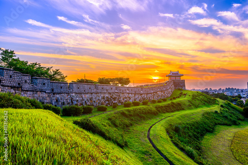 Hwaseong Fortress in Sunset, Traditional Architecture of Korea at Suwon, South Korea.