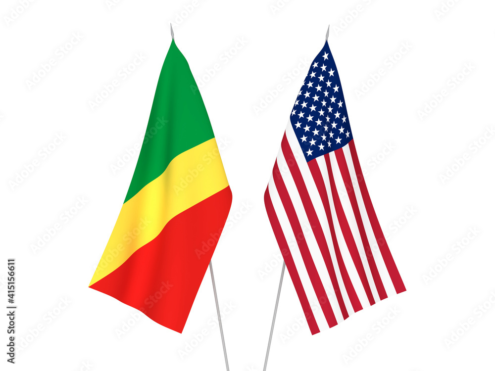 National fabric flags of America and Republic of the Congo isolated on white background. 3d rendering illustration.