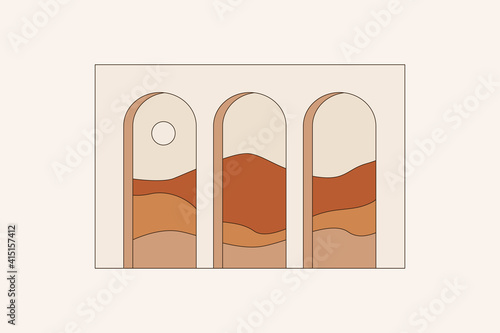 Vector illustration in simple line style - boho abstract print - simple natural landscape with mountains and hills