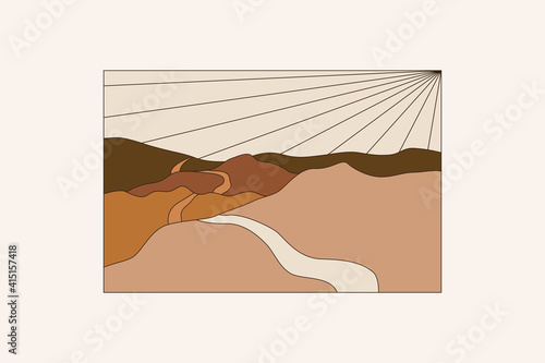 Vector illustration in simple line style - boho abstract print - simple natural landscape with mountains and hills