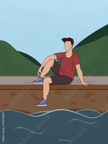 Man sitting on the embankment. Vector flat style background. Guy relaxes near the river. 