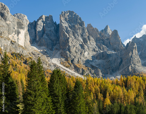 Cima dei Bureloni, Cima della Vezzana. Peaks towering over Val Venegia. Pala group (Pale di San Martino) in the dolomites of Trentino, Italy. Pala is part of the UNESCO World Heritage Site.