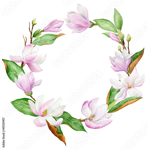 Fototapeta Naklejka Na Ścianę i Meble -  watercolor wreath with pink magnolia