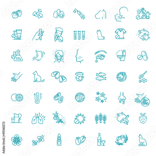 Vector set line icons of allergy. Food and Pollen