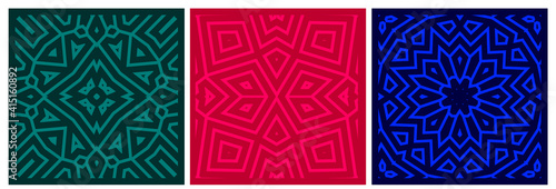 Set of geometric vector ornaments, square composition. Deep emerald green, bright maroon red pink, navy blue with light lines texture. Trendy modern banners BG for social media. Interior print picture
