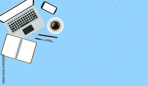 Flat design work table 1 for copy space in blue background , space for add Text , Announcement , Advertisement ,Massage and other