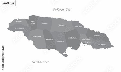 The Jamaica grayscale map divided in administrative areas with labels
