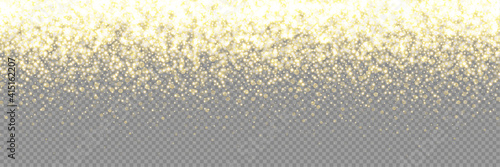 Gold glitter light. Golden glittering confetti border frame. Glistering dust sparkle background. Vector magic pattern