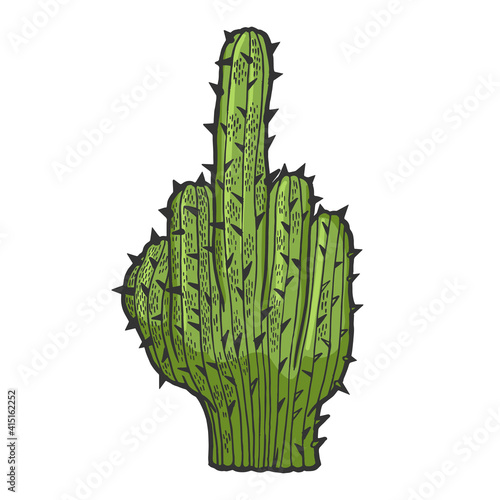 Cactus peyote in form of middle finger obscene gesture color sketch engraving vector illustration. Scratch board style imitation. Black and white hand drawn image.