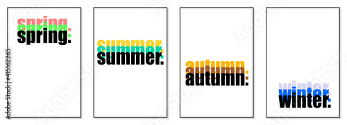Set of minimalistic posters for winter, spring, summer and autumn. Typography vector illustration of four seasons.  For social media, web pages, banner, poster, print materials.