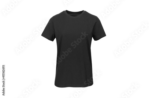 Women’s Black Short Sleeve Shirt T-shirt with Set In Sleeve. Isolated on a White Background for own brand personalisation. Shot on a medium sized Female Ghost Mannequin. T-Shirt Mockup, Template.
