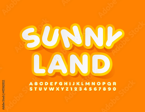 Vector creative sign Sunny Land. Yellow and White sticker Font. Set of Alphabet Letters and Numbers set