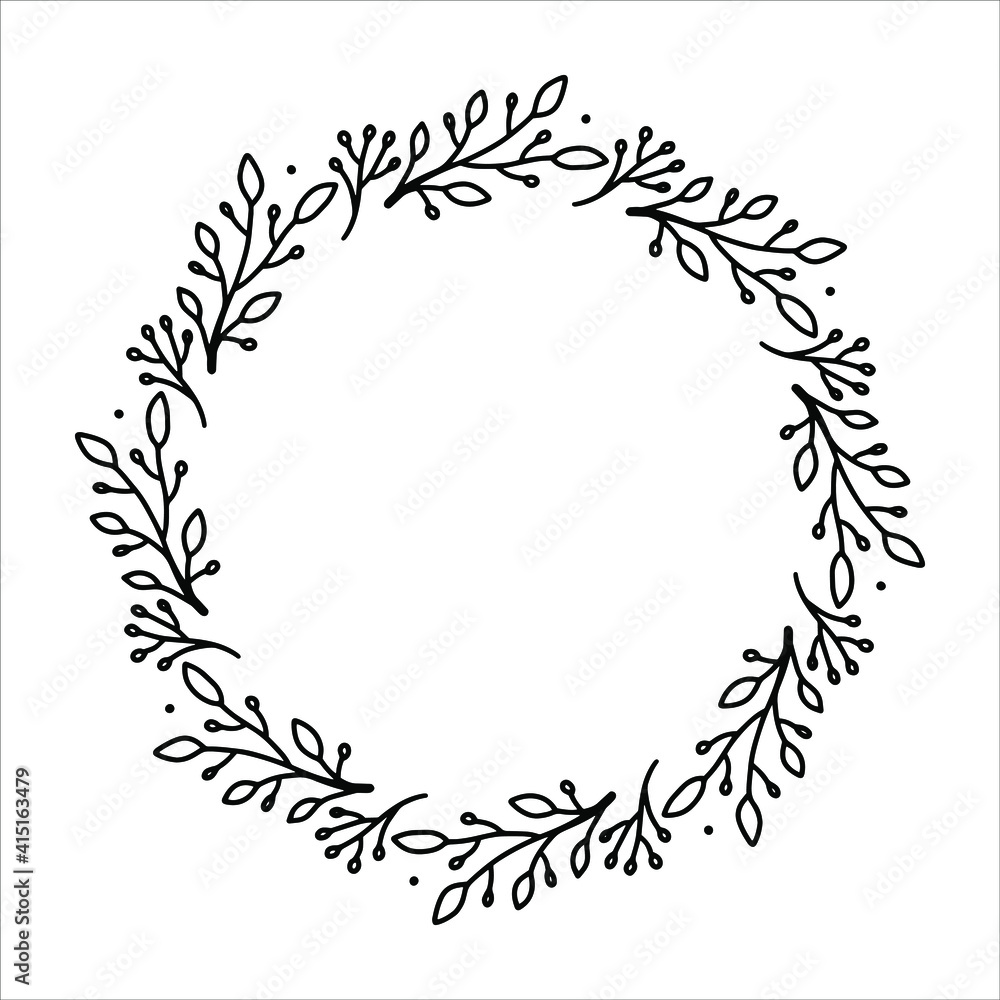 Vector hand drawn spring wreath isolated on white background. Outline circle of leaves. Doodle style. Floral frame. Vector hand drawn spring wreath isolated on white background. Outline circle of leaves. Doodle style. Floral frame.