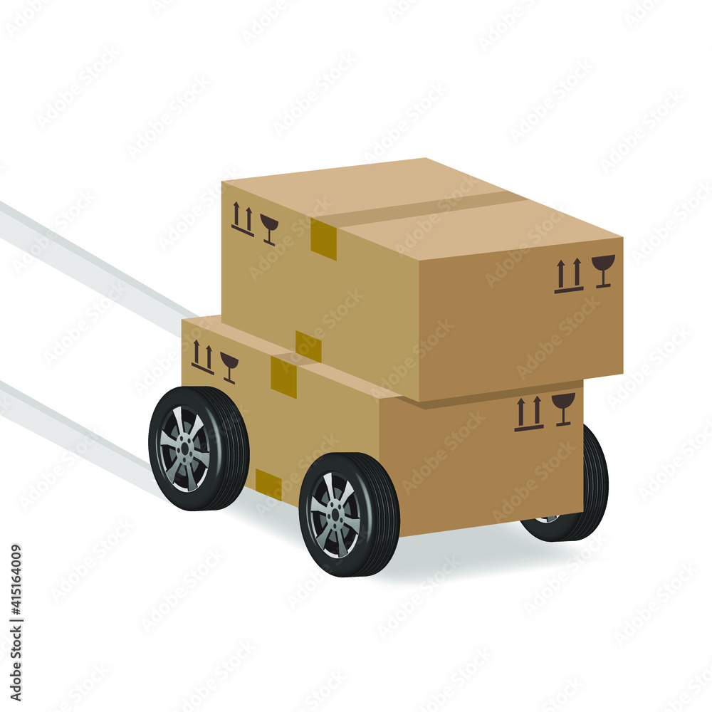 fast delivery concept, cardboard boxes on wheels, vector illustration fast delivery concept, cardboard boxes on wheels, vector illustration