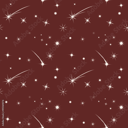Simple vector seamless pattern with light falling stars and comets on a dark  terracotta  backdrop