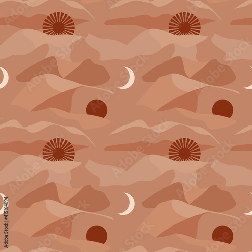 Abstract vector seamless pattern with modern minimalist design.  Brown desert mountains and sand-hills with moon and sun on a light beige background