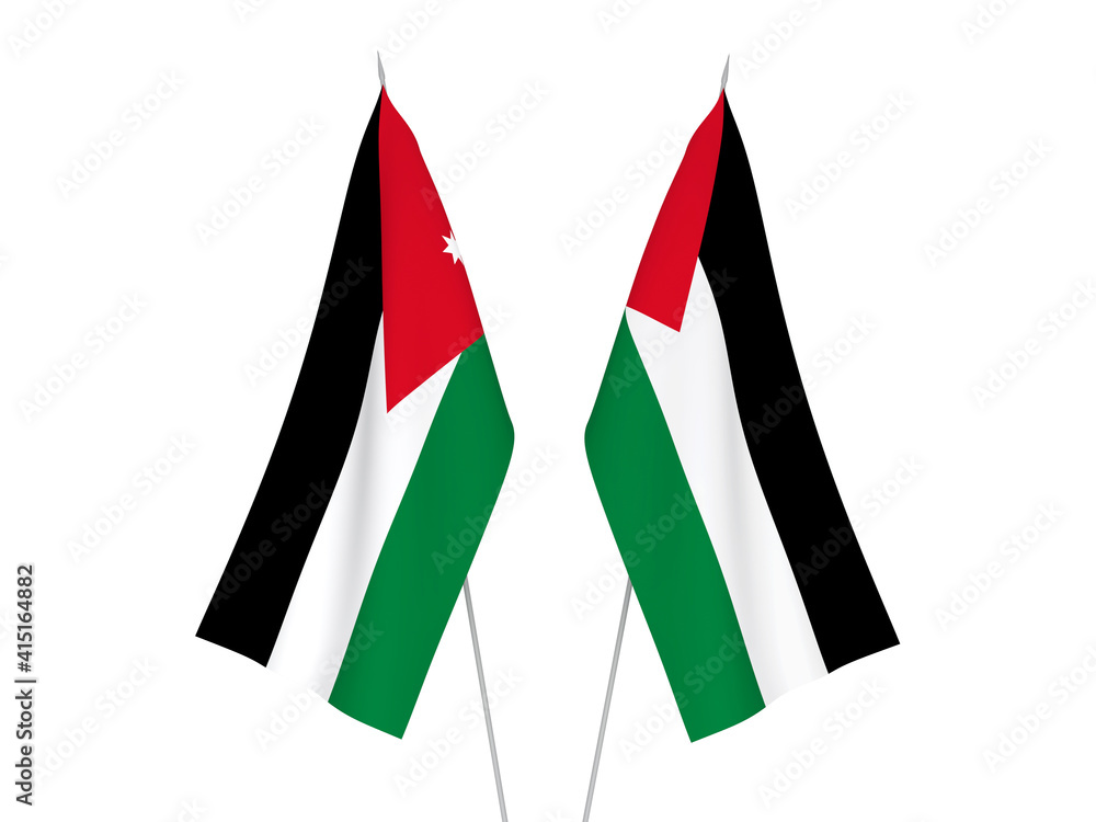 National fabric flags of Palestine and Hashemite Kingdom of Jordan isolated on white background. 3d rendering illustration.